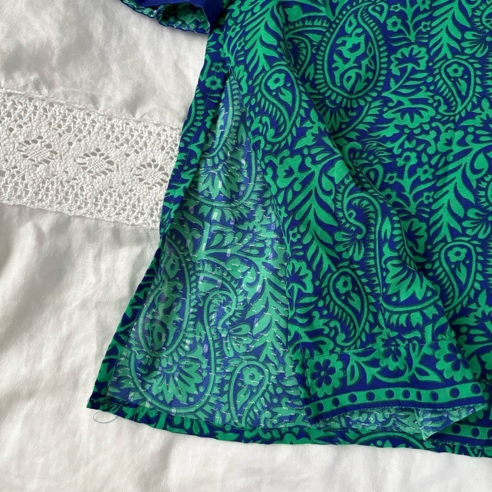 Green Blue Tunic Mini Shift Dress Large 3/4 sleeves boho chic paisley v neck - Picture 4 of 5